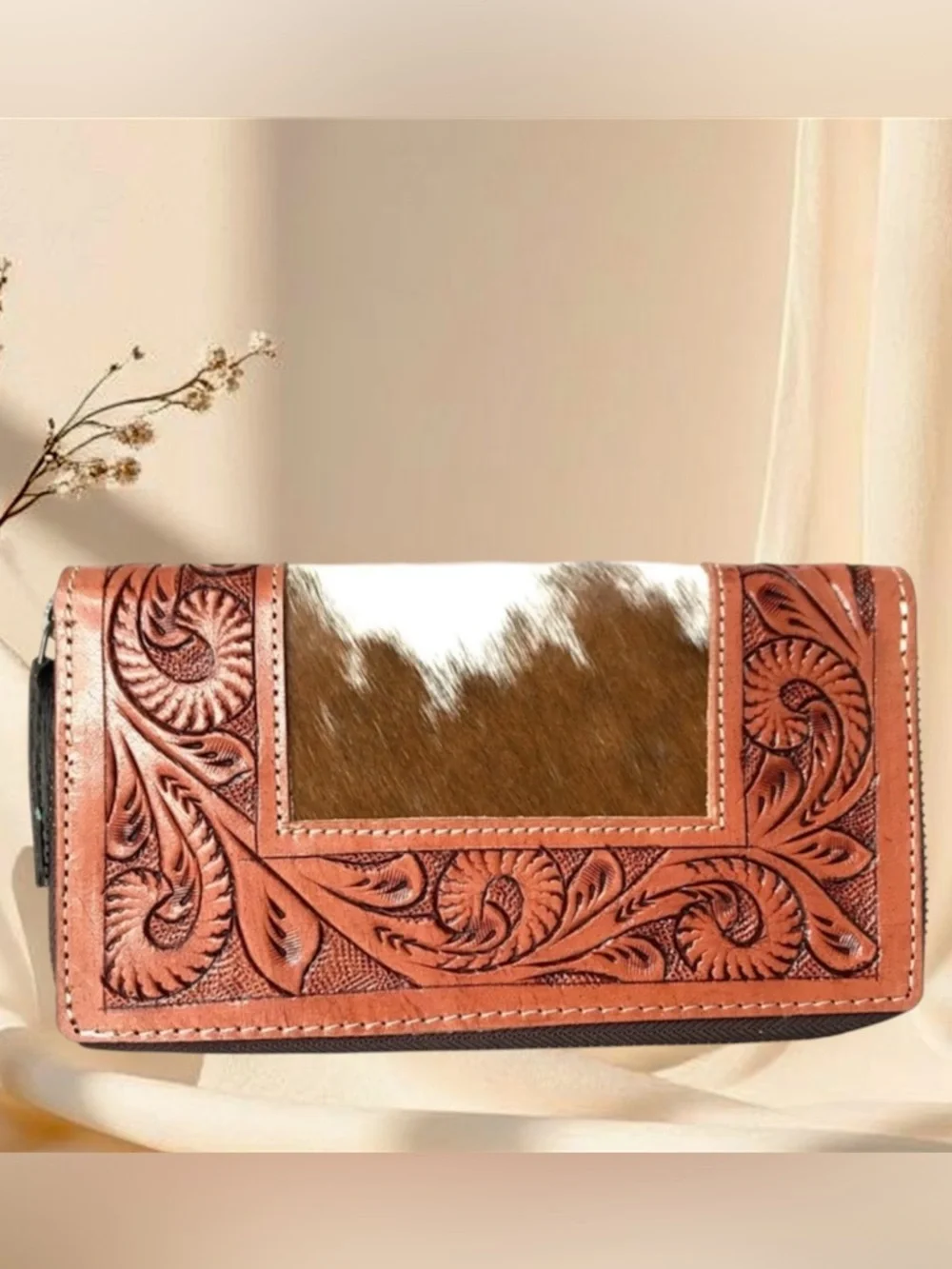 Hand-Tooled Leather & Cowhide Wallet - Brown